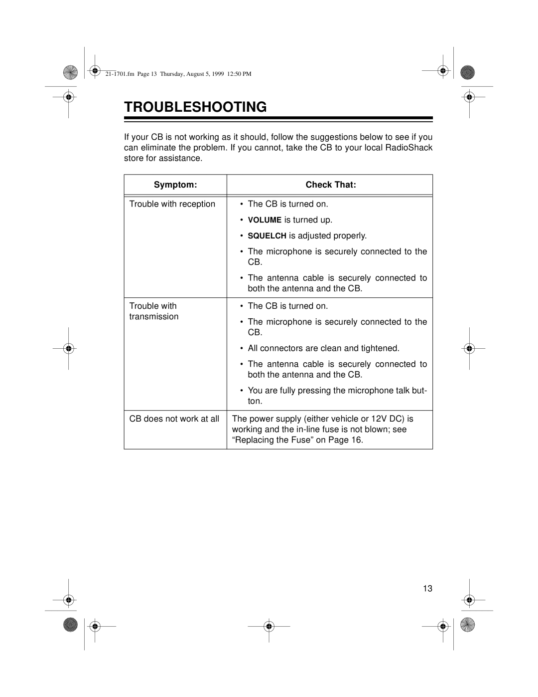 Radio Shack TRC-501 owner manual Troubleshooting, Symptom Check That 