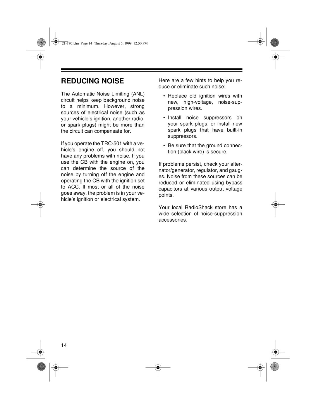 Radio Shack TRC-501 owner manual Reducing Noise 