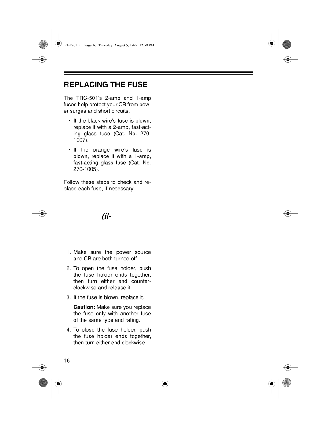 Radio Shack TRC-501 owner manual Replacing the Fuse 