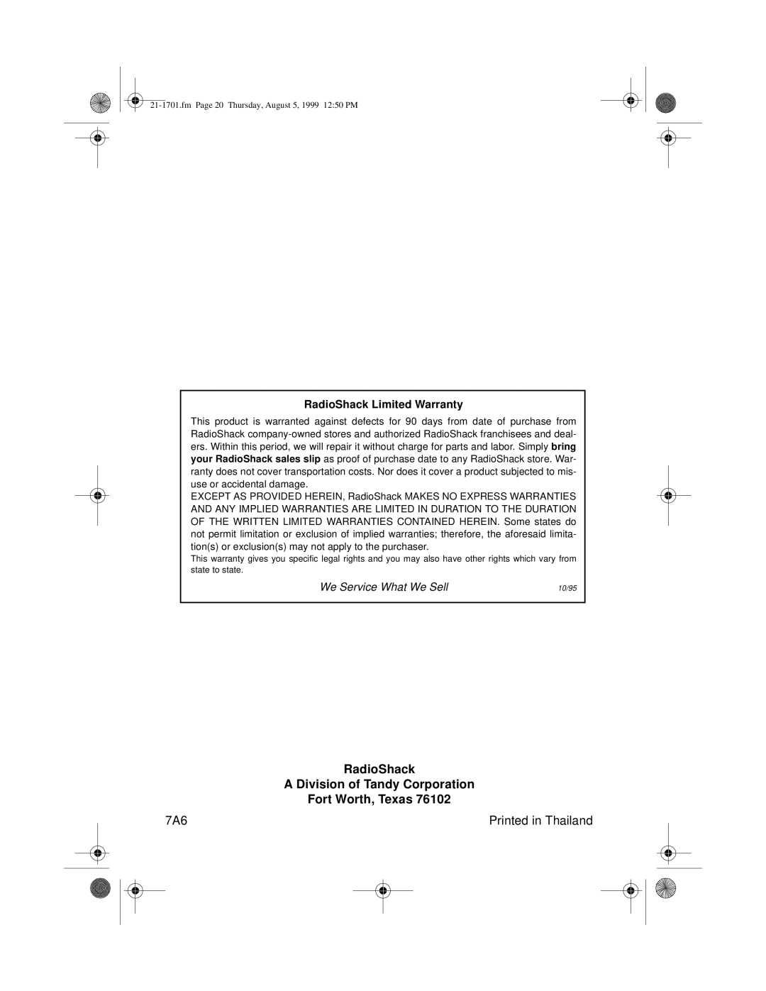 Radio Shack TRC-501 owner manual RadioShack Division of Tandy Corporation Fort Worth, Texas 