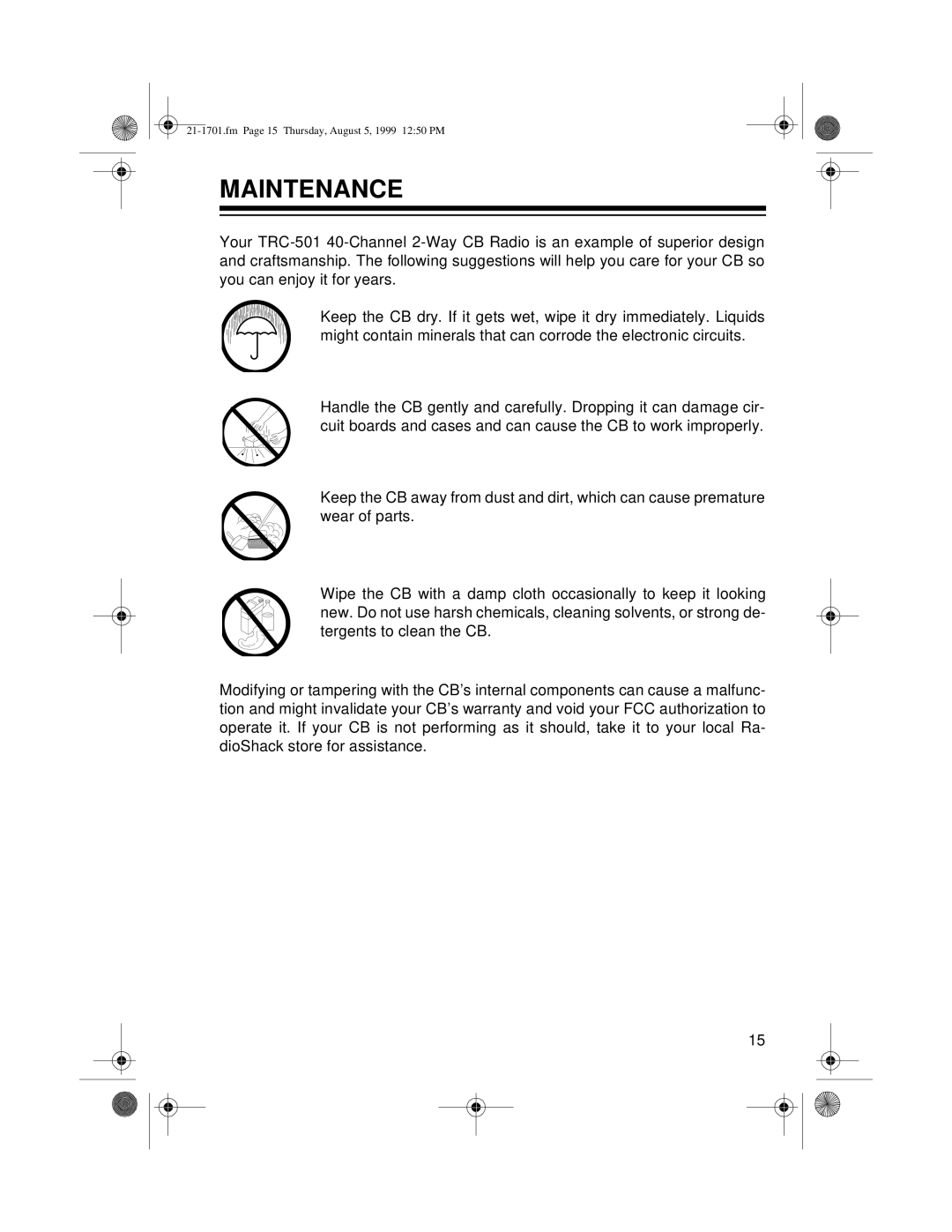 Radio Shack TRC-501 owner manual Maintenance 