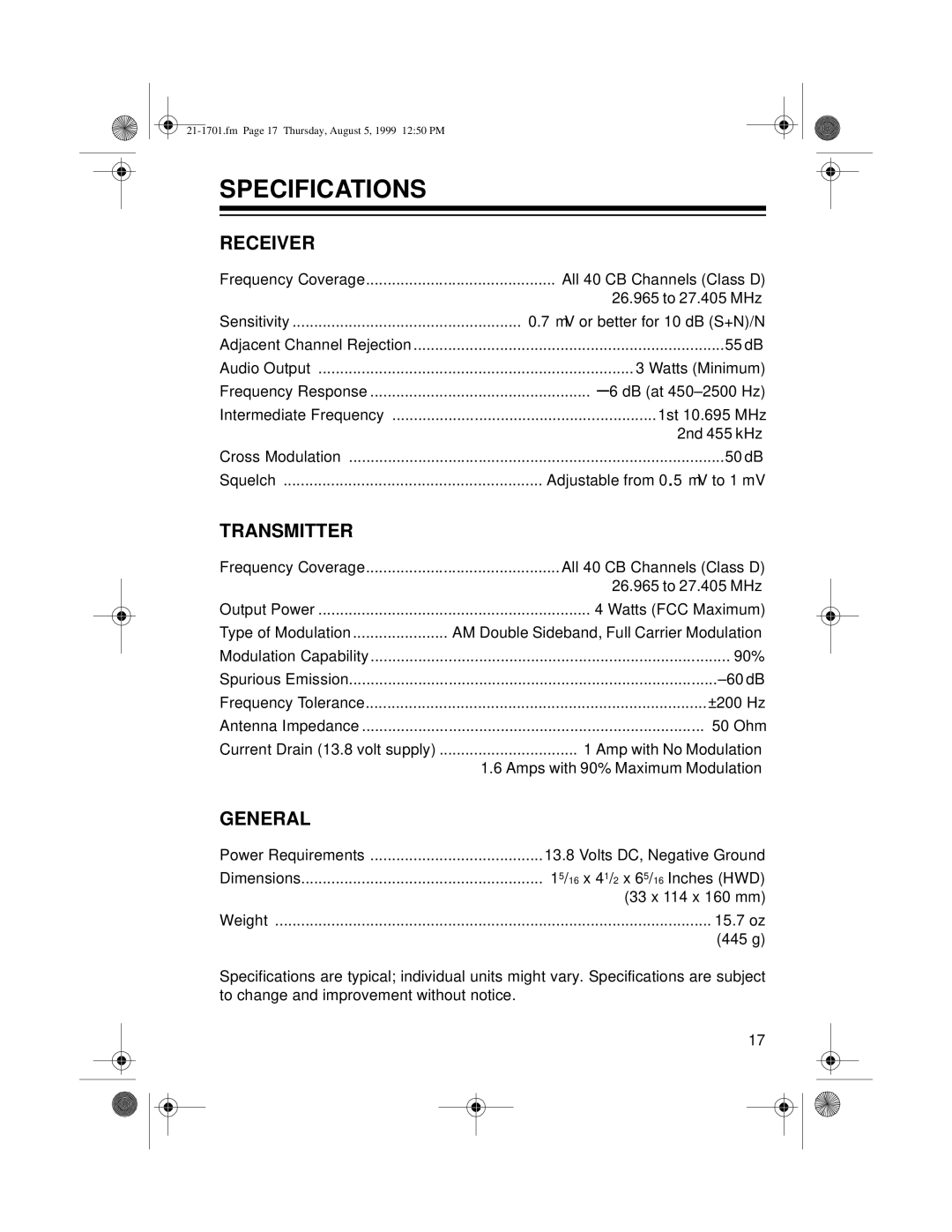 Radio Shack TRC-501 owner manual Specifications, Receiver 
