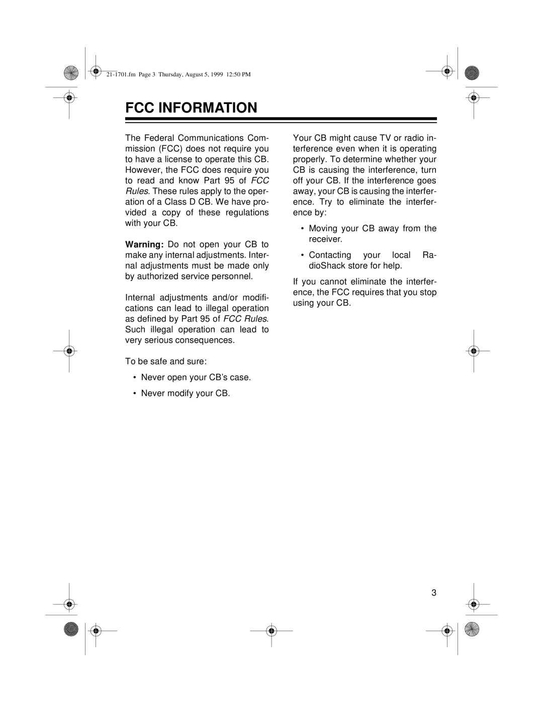 Radio Shack TRC-501 owner manual FCC Information 