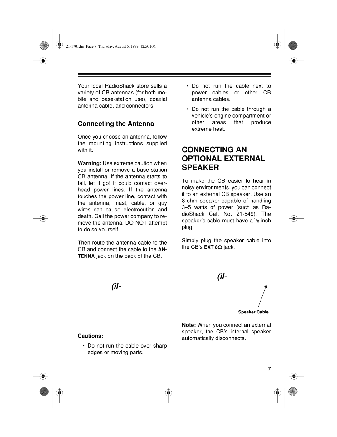 Radio Shack TRC-501 owner manual Connecting AN Optional External Speaker, Connecting the Antenna 