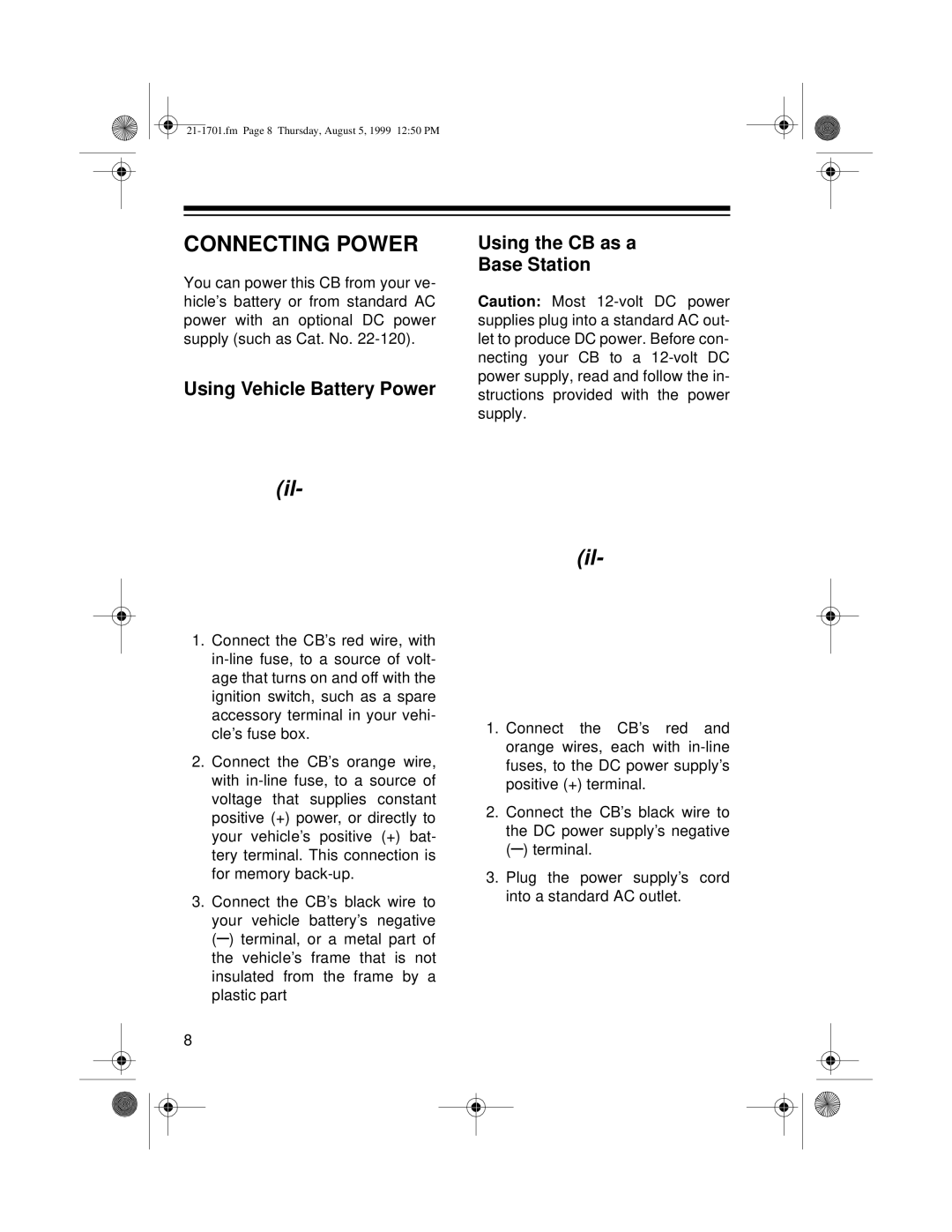 Radio Shack TRC-501 owner manual Connecting Power, Using Vehicle Battery Power Using the CB as a Base Station 