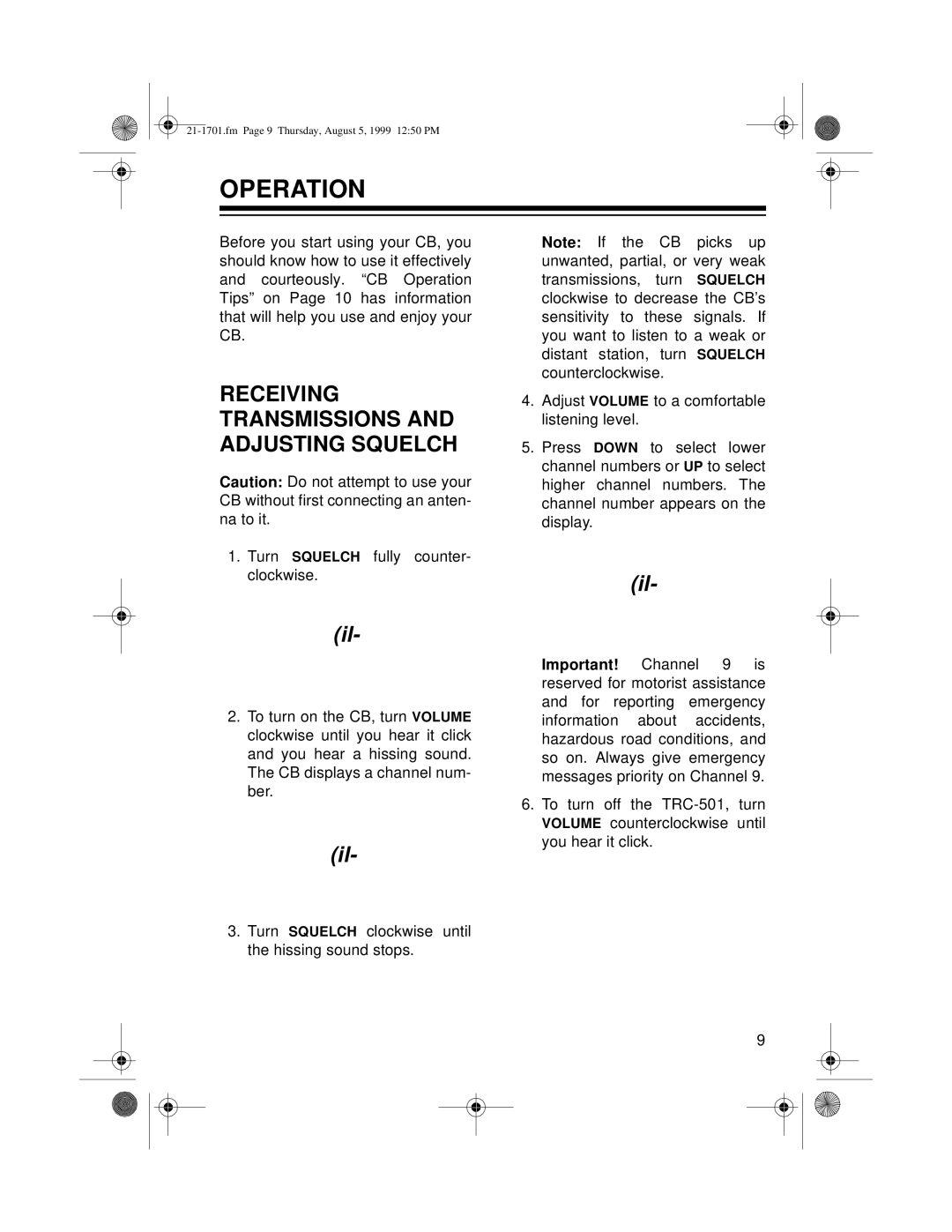 Radio Shack TRC-501 owner manual Operation, Receiving Transmissions and Adjusting Squelch 