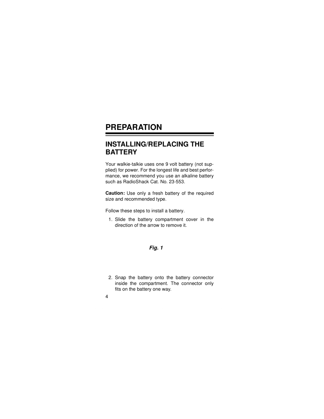 Radio Shack TRC-509 owner manual Preparation, INSTALLING/REPLACING the Battery 