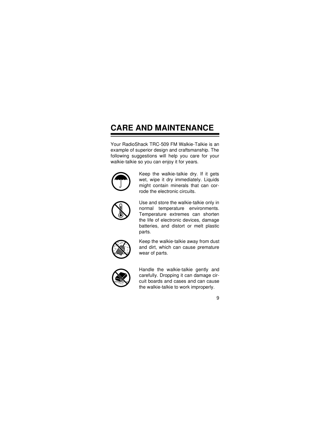 Radio Shack TRC-509 owner manual Care and Maintenance 