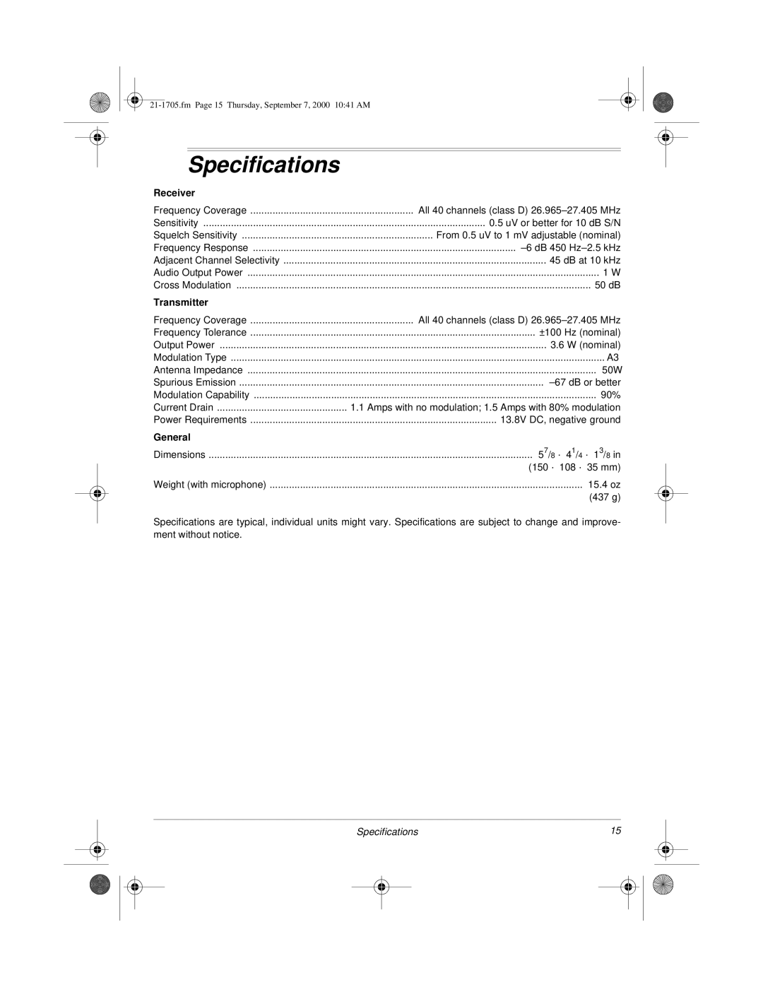 Radio Shack TRC-511 owner manual Specifications, Receiver 