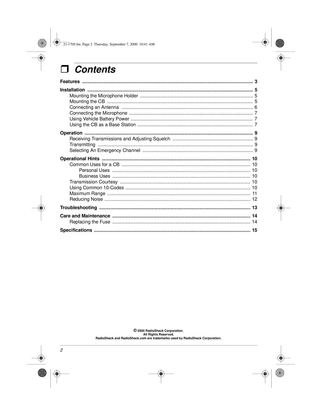 Radio Shack TRC-511 owner manual Contents 