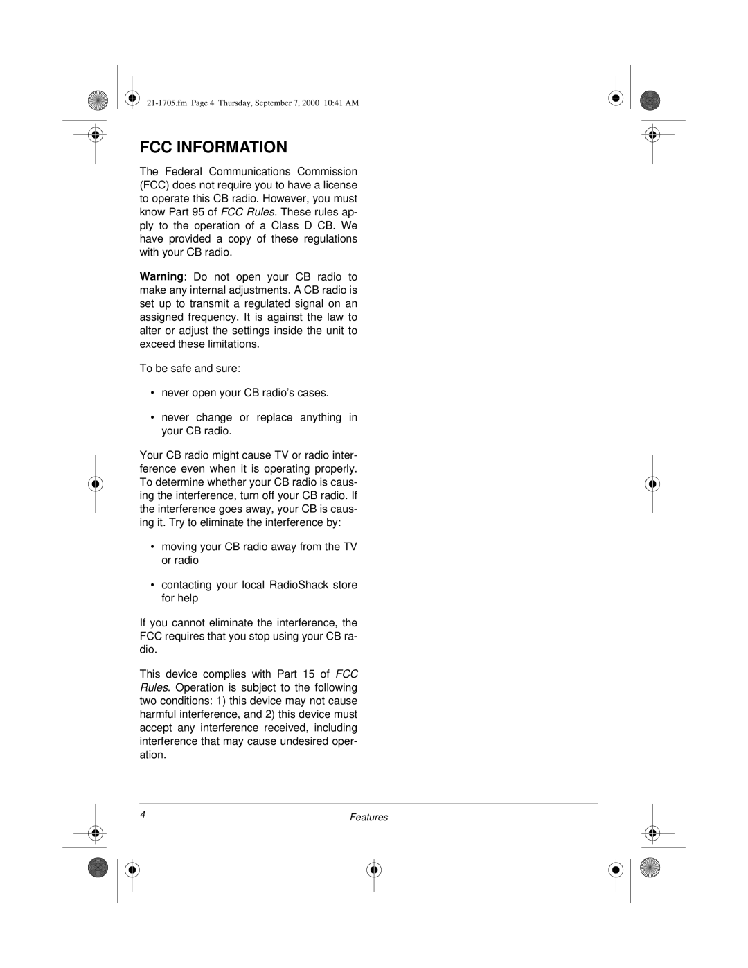 Radio Shack TRC-511 owner manual FCC Information 