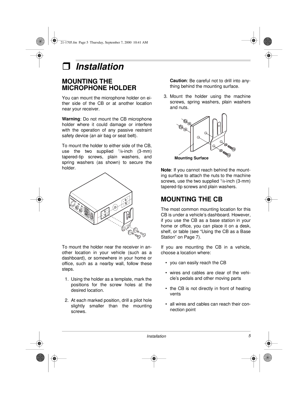 Radio Shack TRC-511 owner manual Installation, Mounting the Microphone Holder, Mounting the CB 