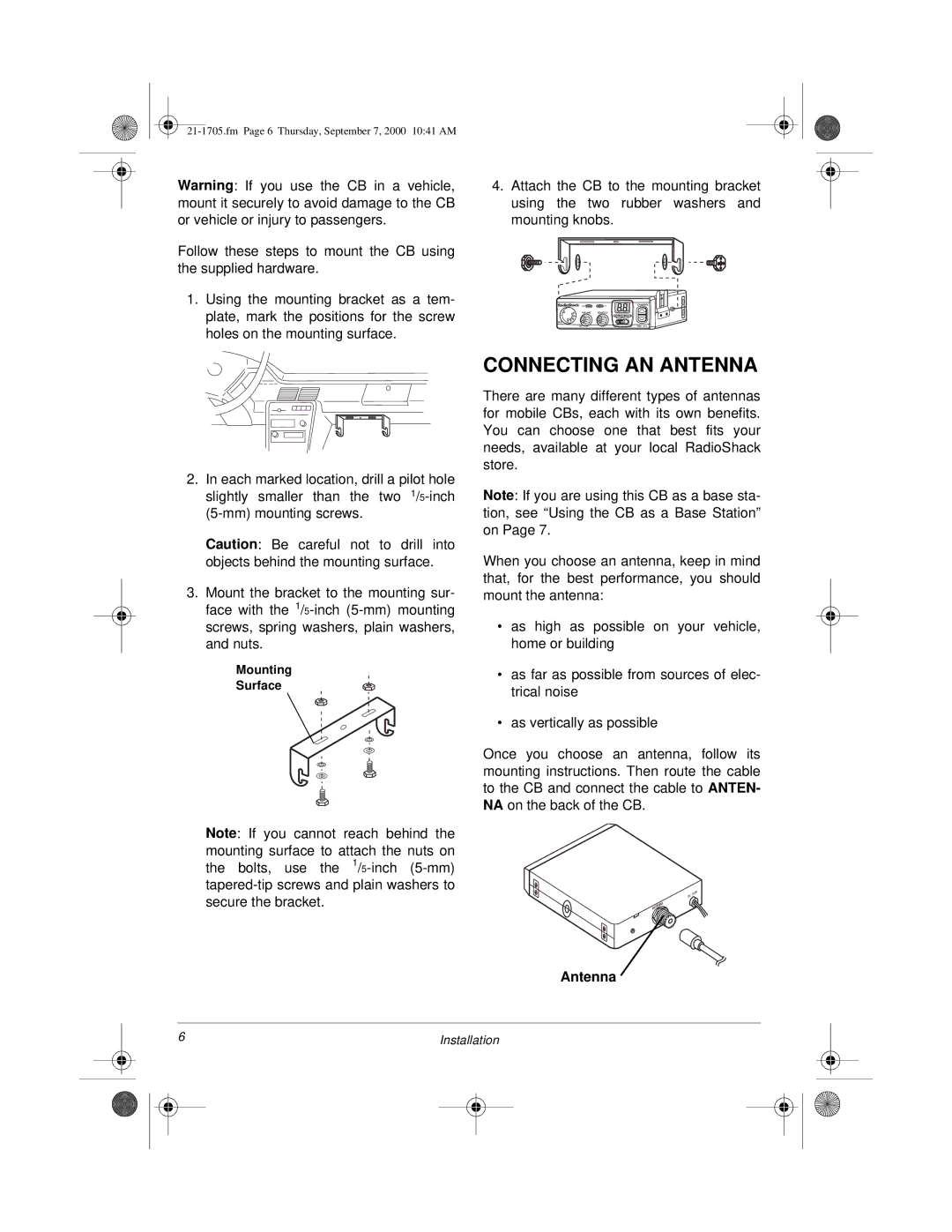 Radio Shack TRC-511 owner manual Connecting AN Antenna 