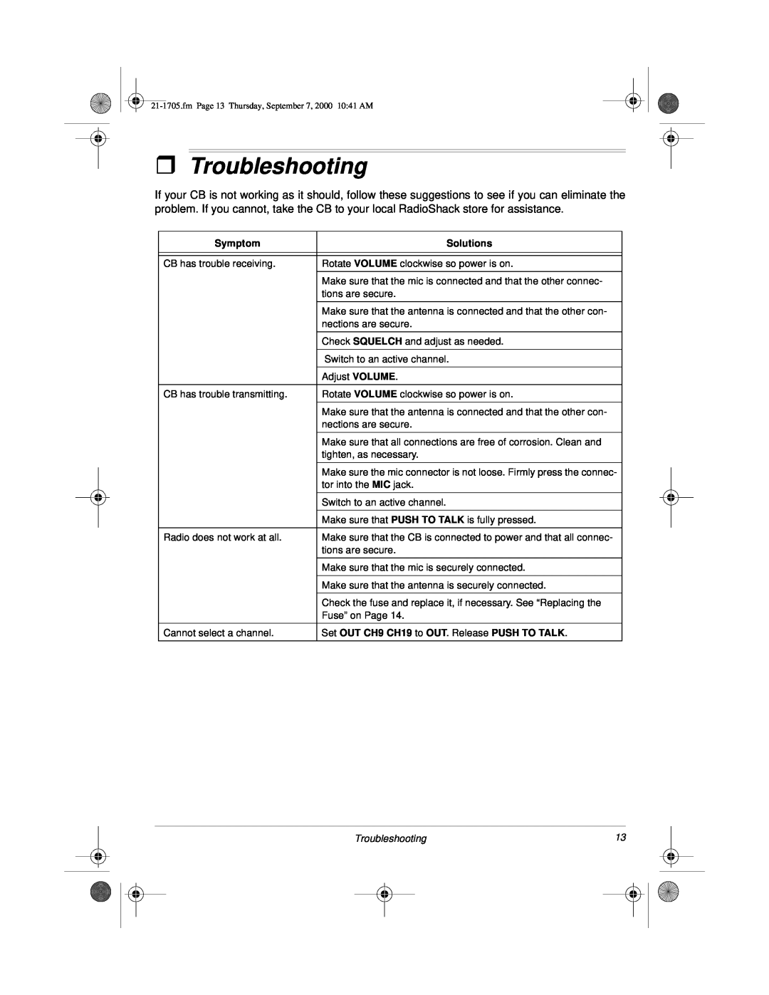 Radio Shack TRC-511 owner manual ˆTroubleshooting, Symptom, Solutions, Set OUT CH9 CH19 to OUT. Release PUSH TO TALK 