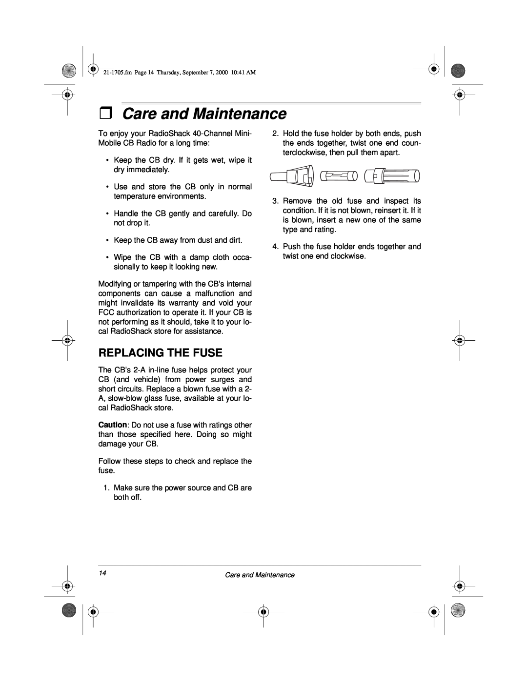 Radio Shack TRC-511 owner manual ˆCare and Maintenance, Replacing The Fuse 