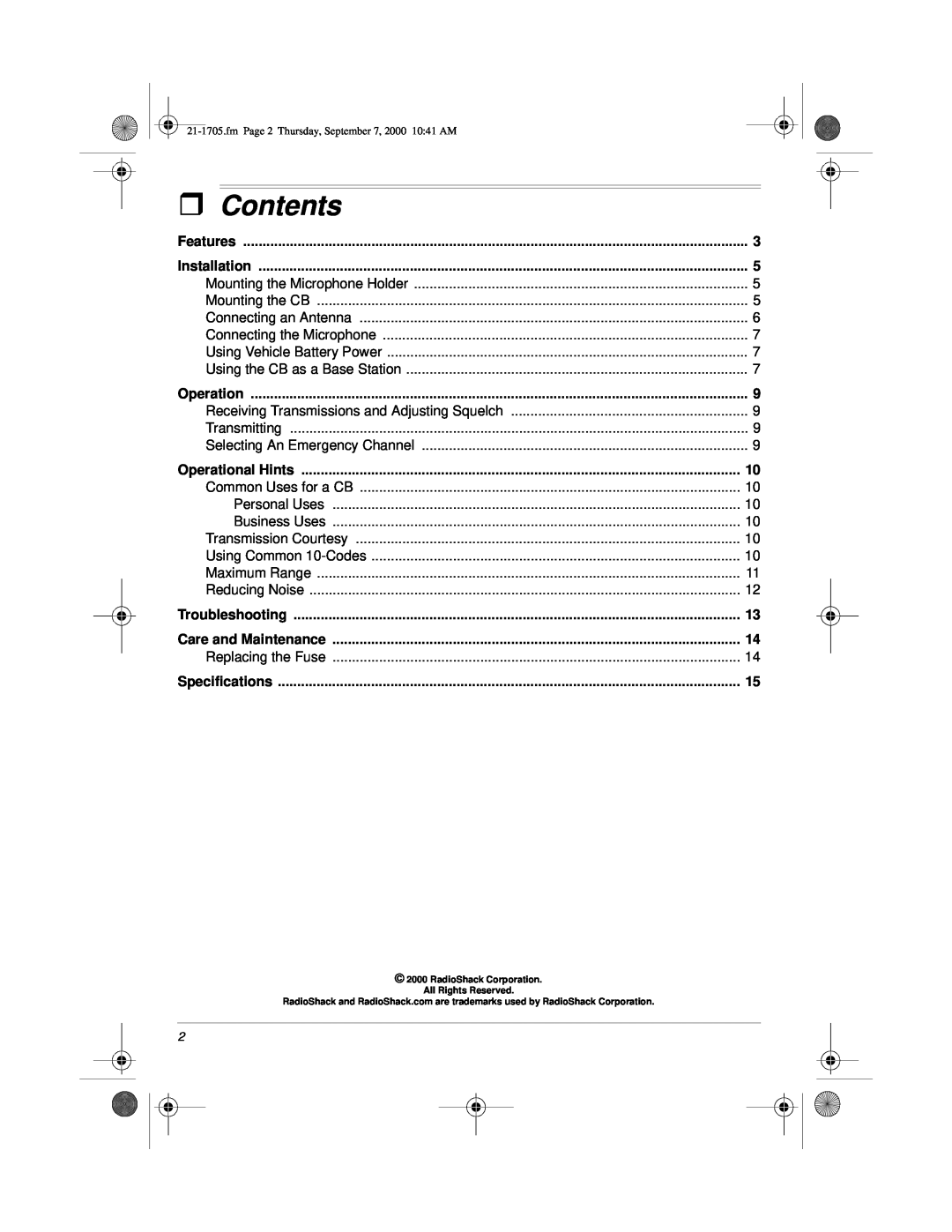 Radio Shack TRC-511 owner manual ˆ Contents 