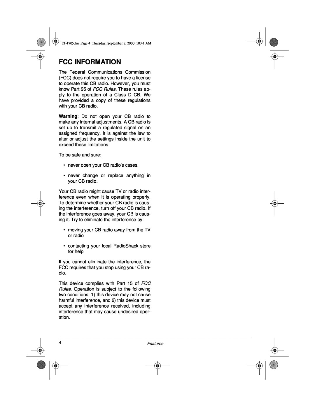 Radio Shack TRC-511 owner manual Fcc Information 