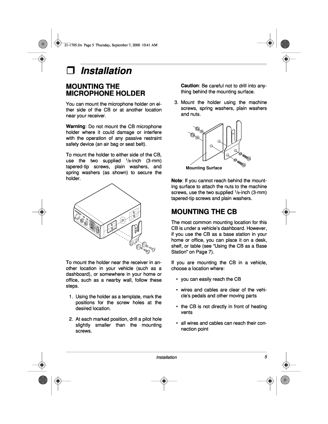 Radio Shack TRC-511 owner manual ˆInstallation, Mounting The Microphone Holder, Mounting The Cb 