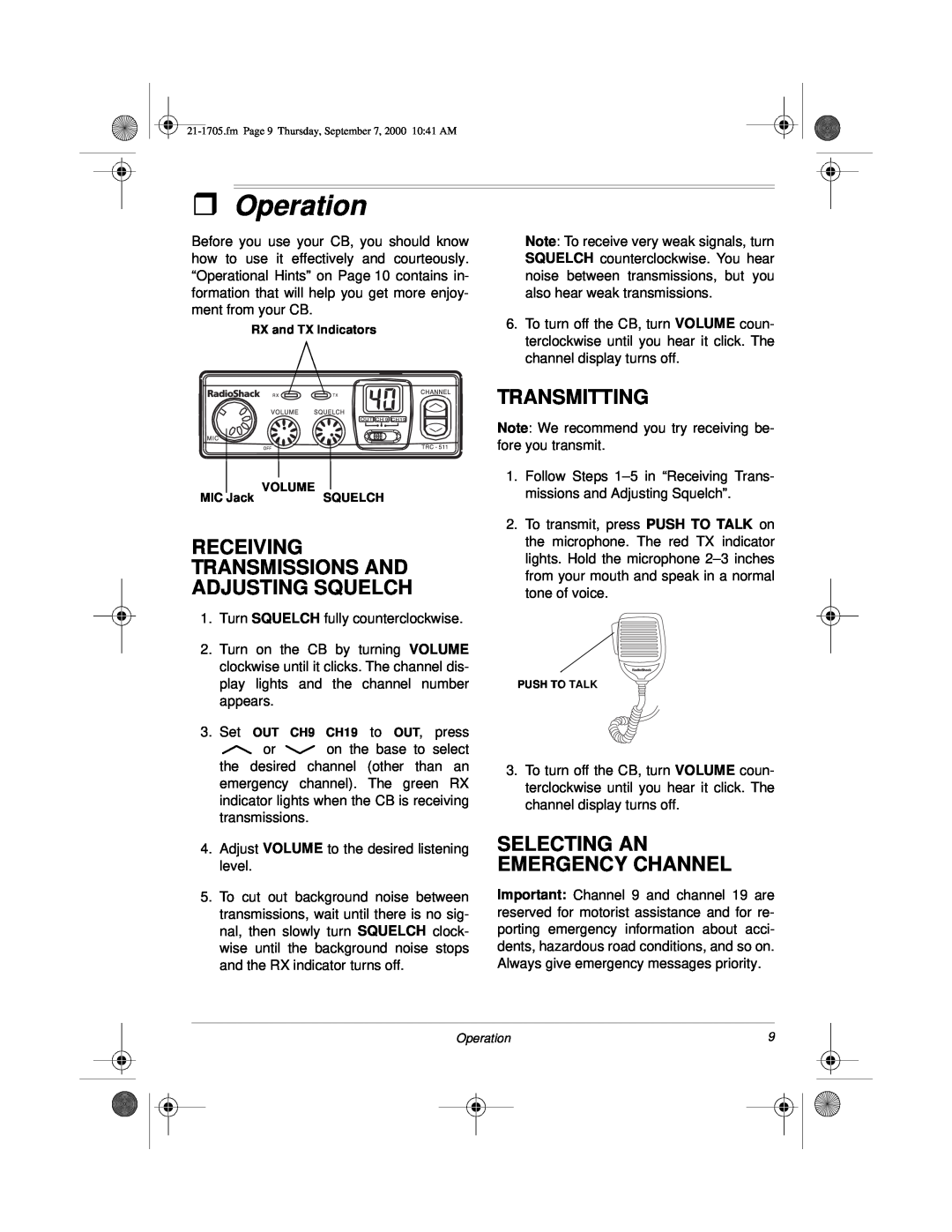 Radio Shack TRC-511 owner manual ˆOperation, Receiving Transmissions And Adjusting Squelch, Transmitting 
