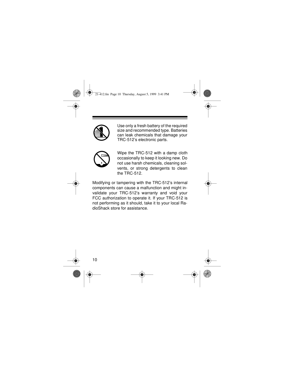 Radio Shack TRC-512 owner manual Fm Page 10 Thursday, August 5, 1999 341 PM 