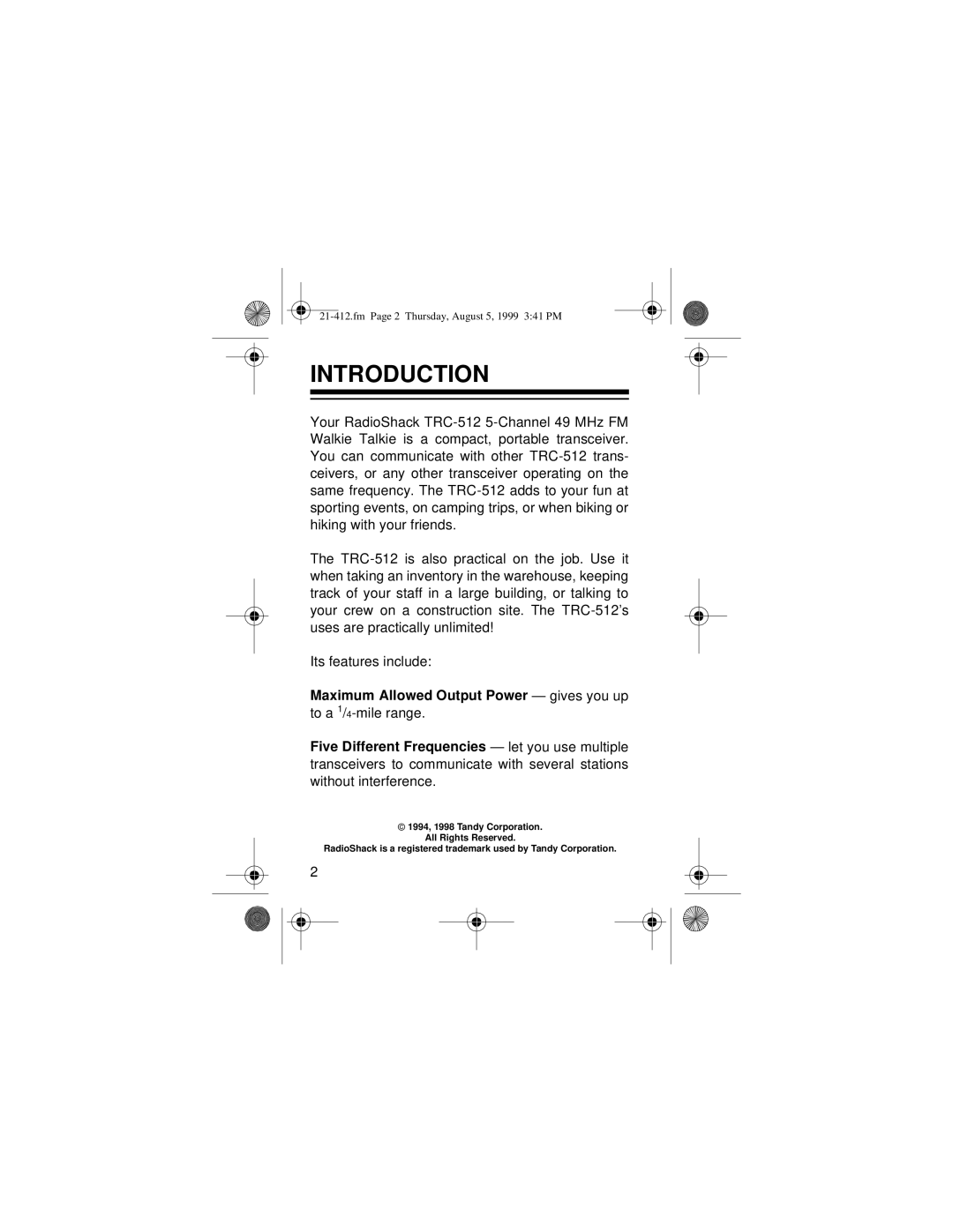 Radio Shack TRC-512 owner manual Introduction 