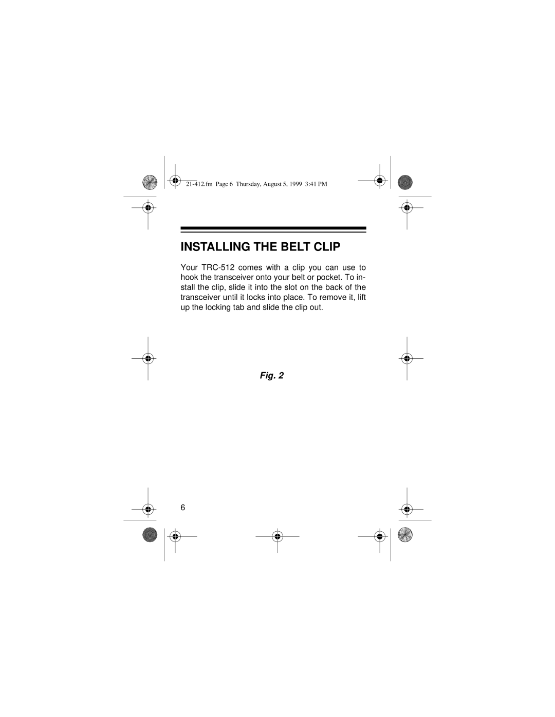 Radio Shack TRC-512 owner manual Installing the Belt Clip 