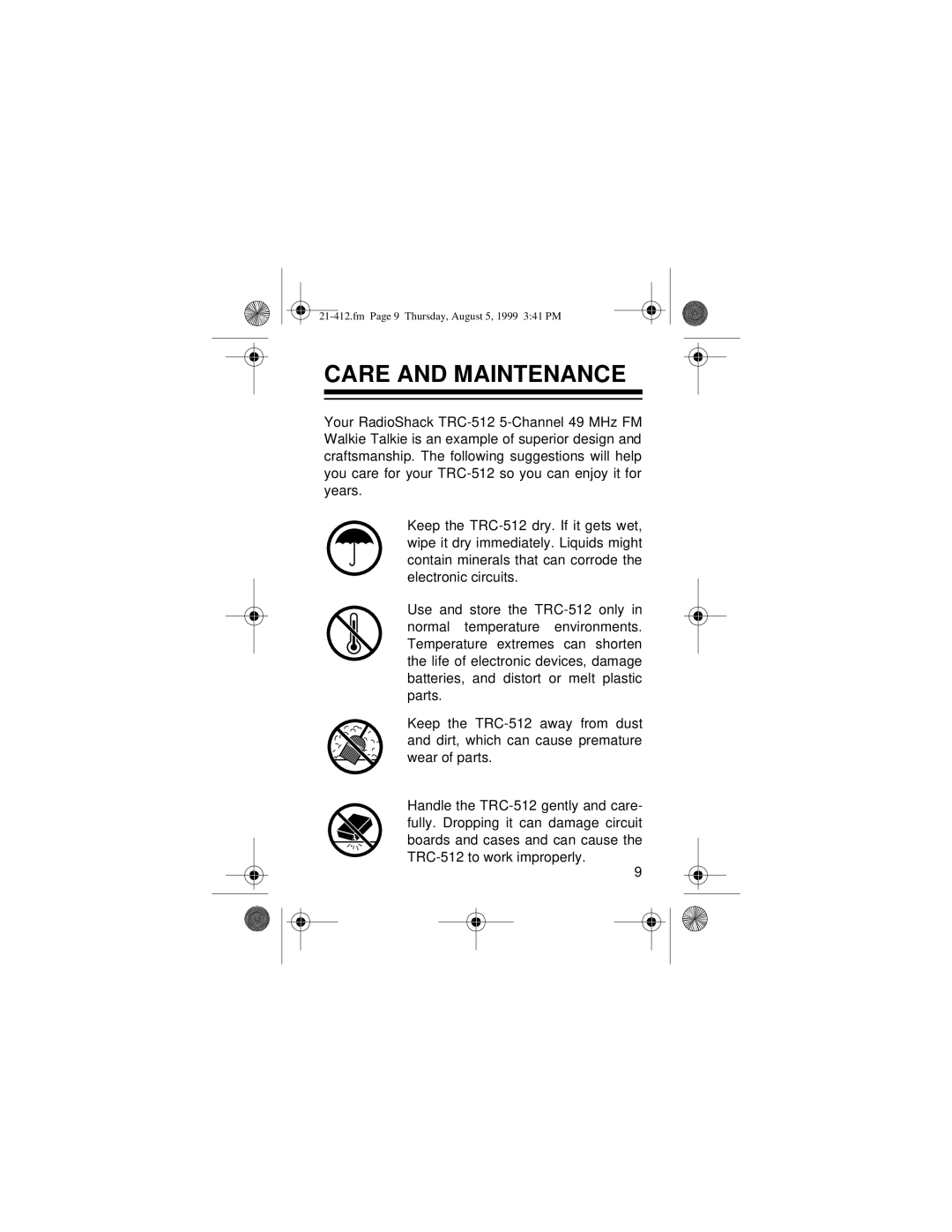 Radio Shack TRC-512 owner manual Care and Maintenance 