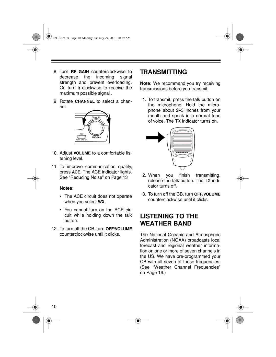 Radio Shack TRC-519 owner manual Transmitting, Listening to Weather Band 