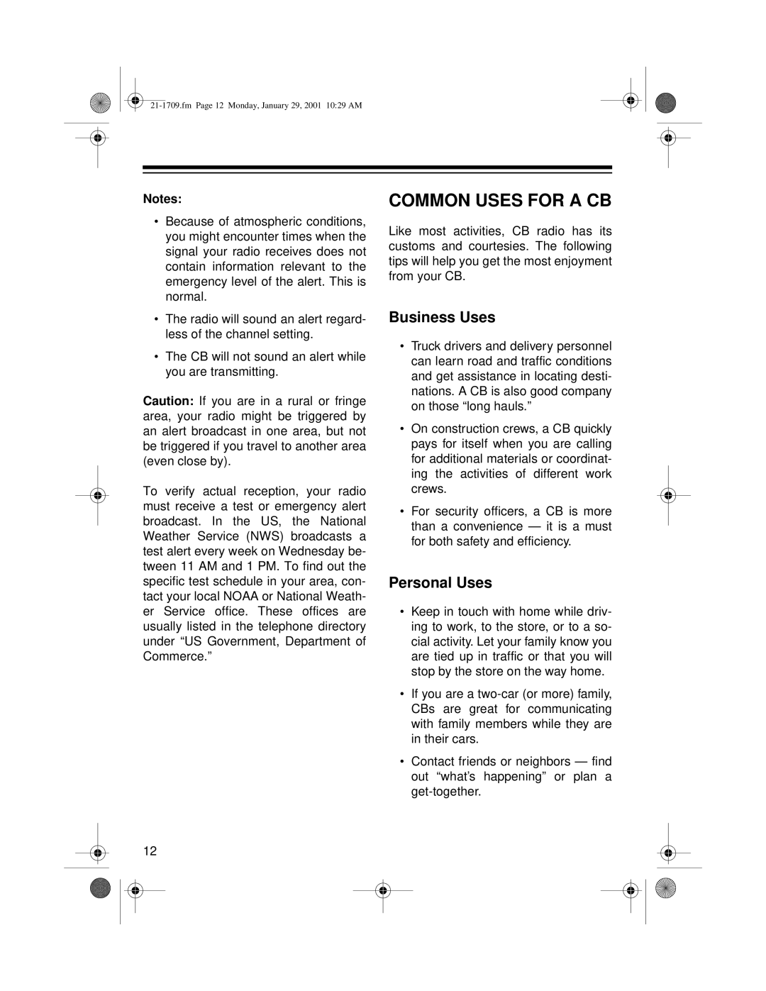 Radio Shack TRC-519 owner manual Common Uses for a CB, Business Uses 