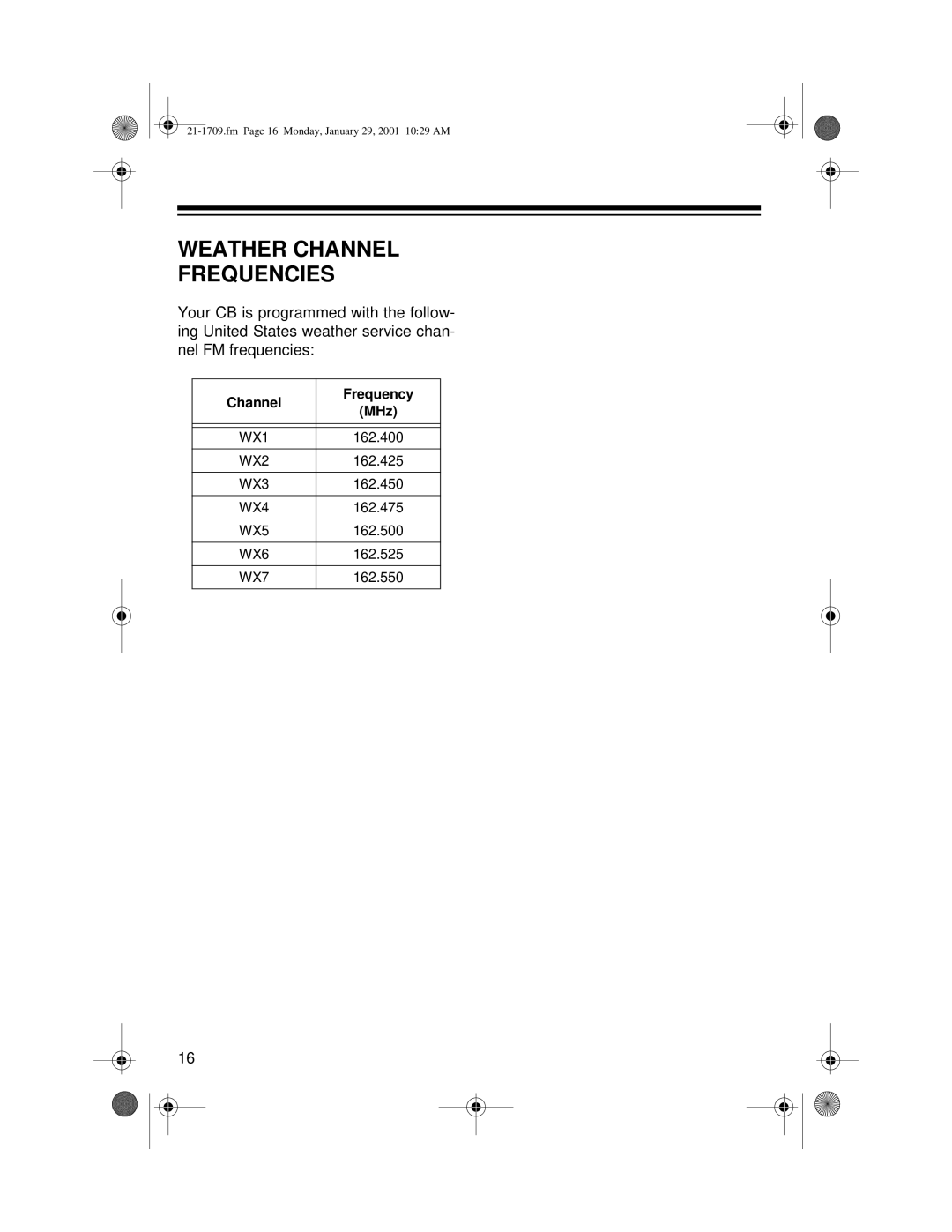 Radio Shack TRC-519 owner manual Weather Channel Frequencies, Channel Frequency MHz 