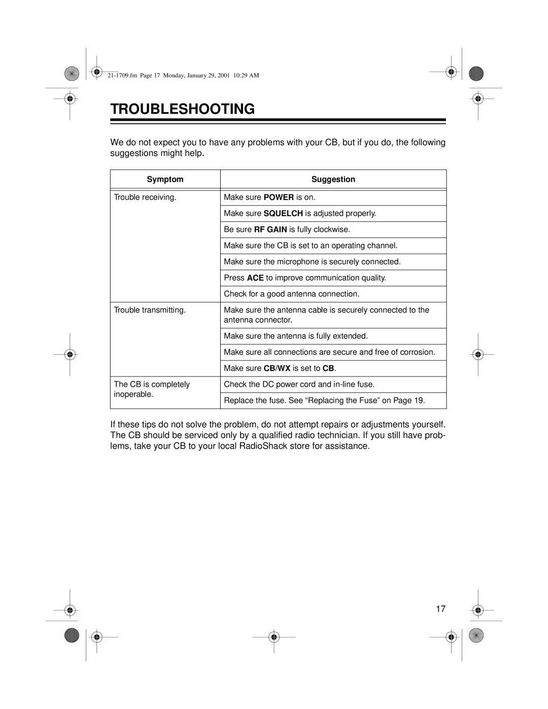 Radio Shack TRC-519 owner manual Troubleshooting, Symptom Suggestion 