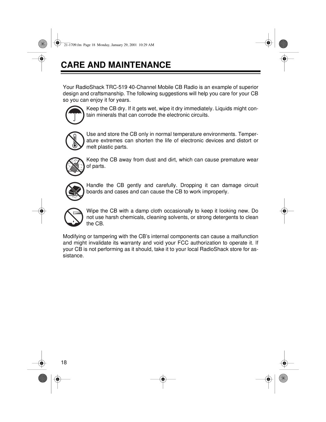 Radio Shack TRC-519 owner manual Care and Maintenance 