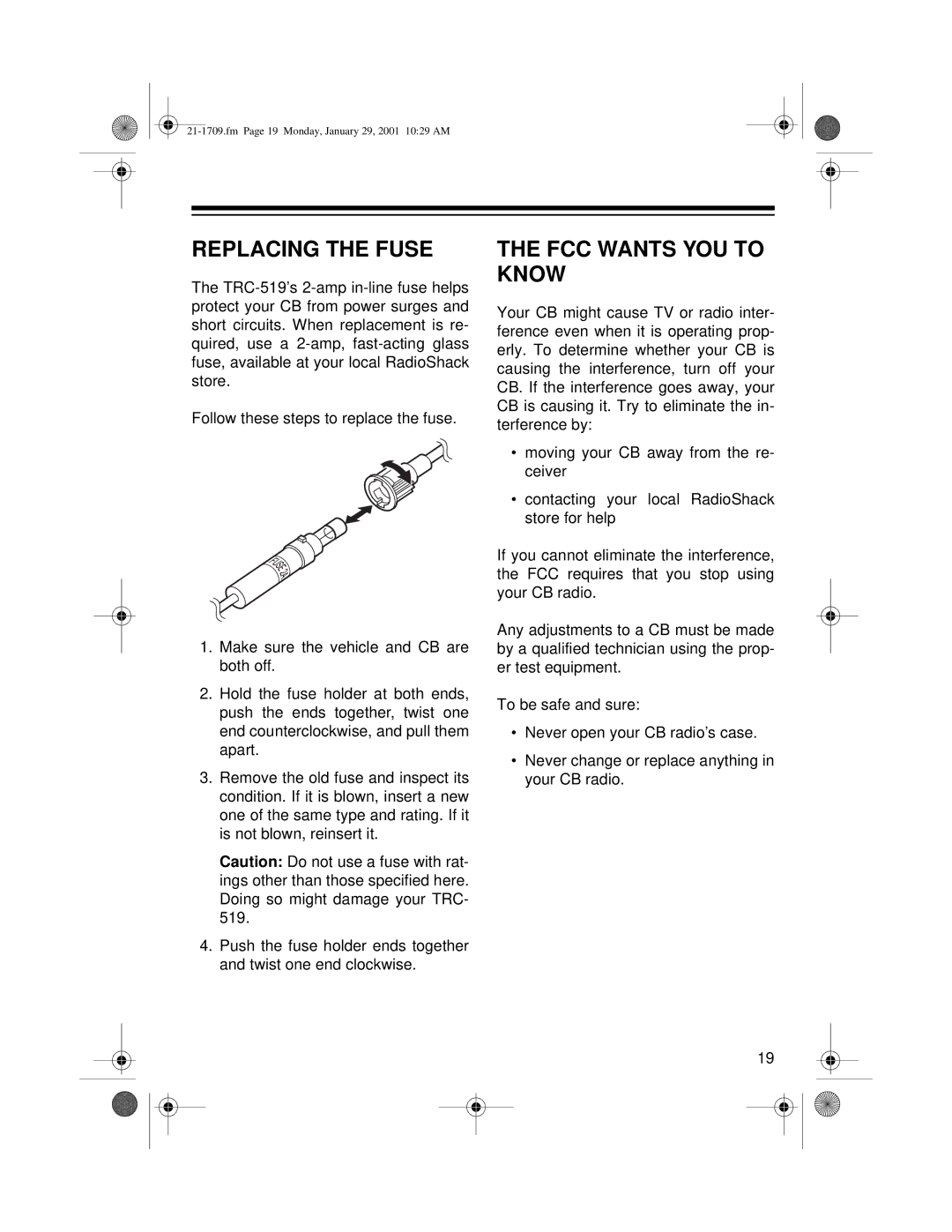 Radio Shack TRC-519 owner manual Replacing the Fuse, FCC Wants YOU to Know 