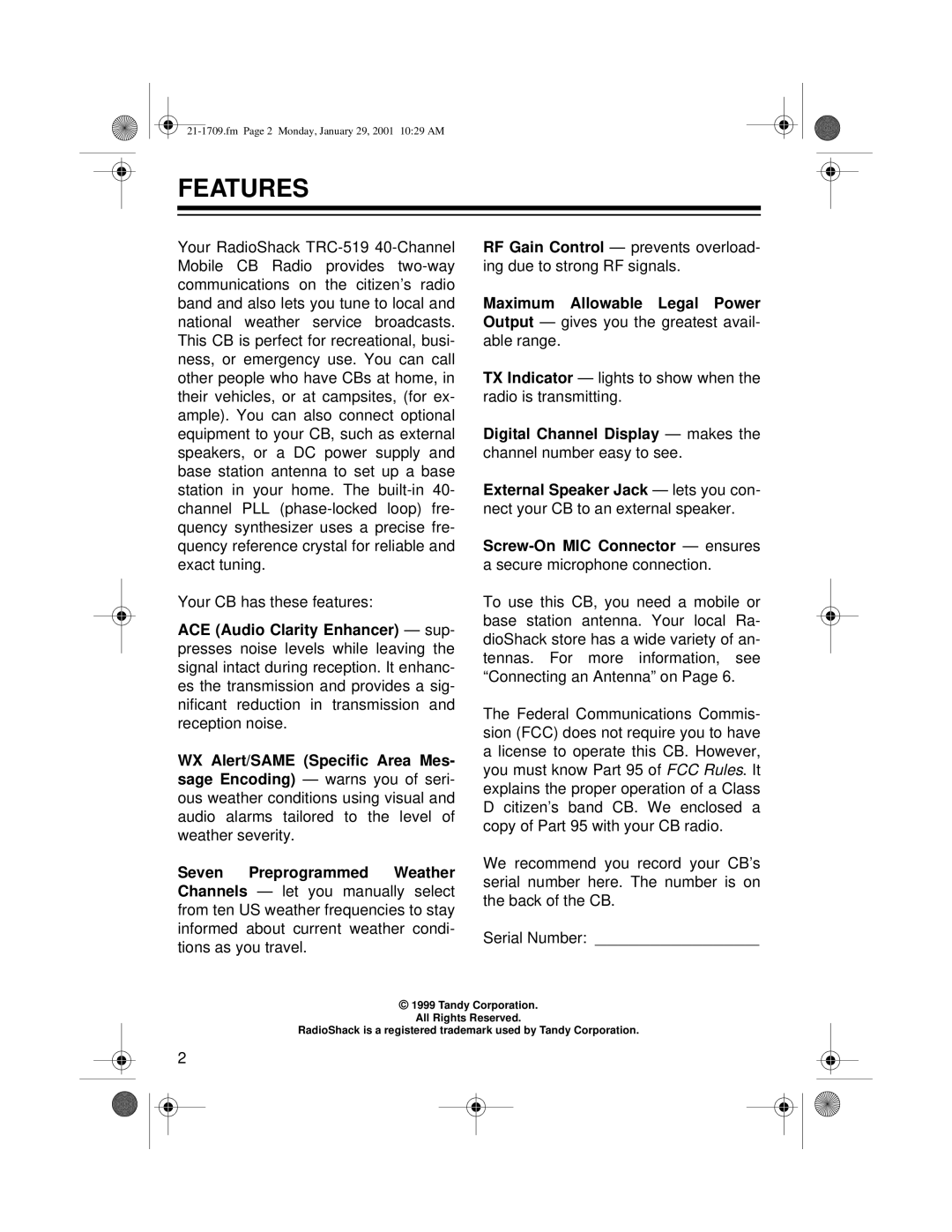 Radio Shack TRC-519 owner manual Features 