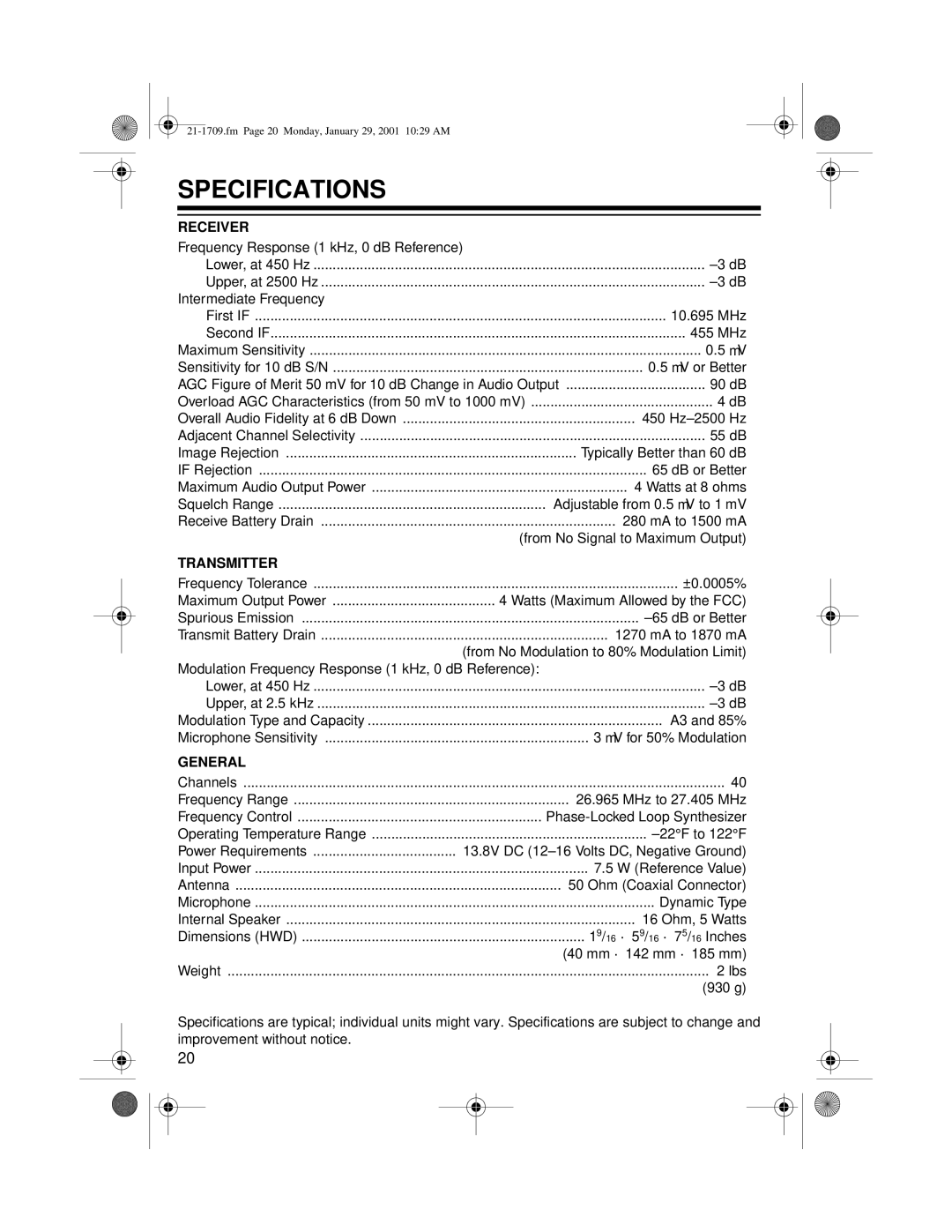 Radio Shack TRC-519 owner manual Specifications, Receiver 