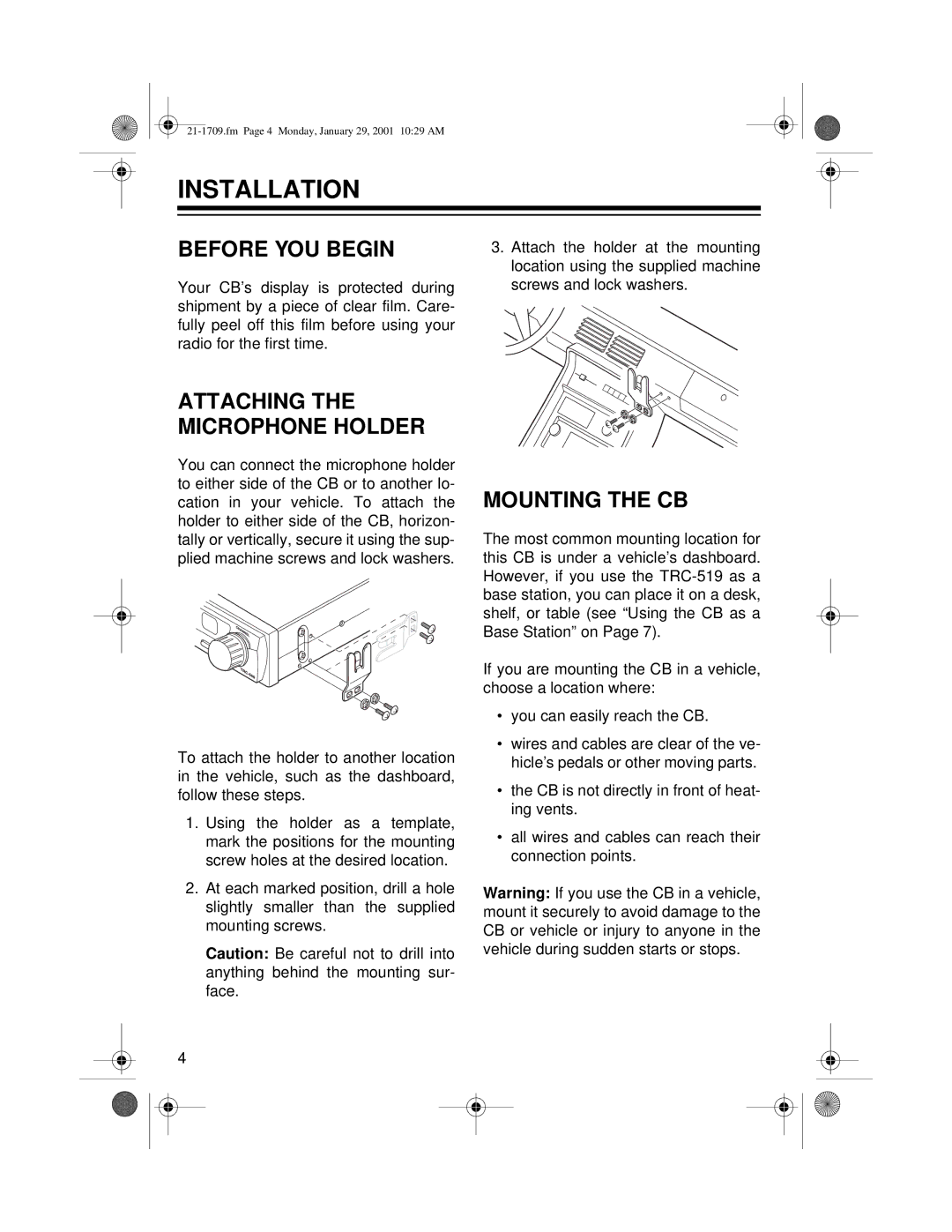 Radio Shack TRC-519 owner manual Installation, Before YOU Begin, Attaching the Microphone Holder, Mounting the CB 