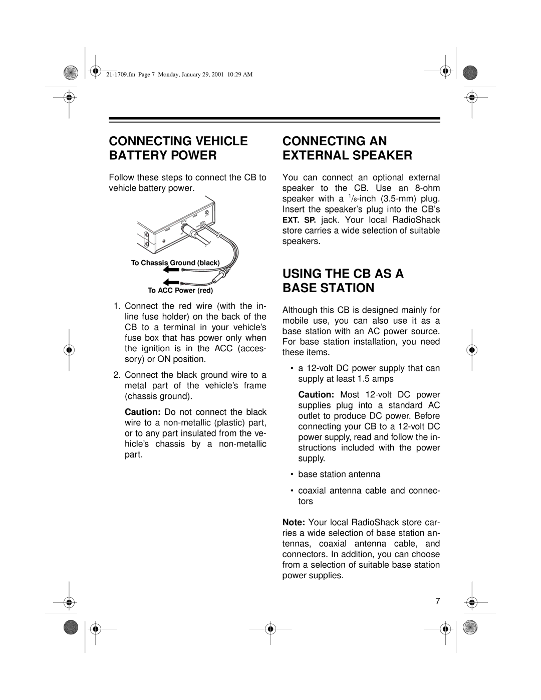 Radio Shack TRC-519 owner manual Connecting AN External Speaker, Using the CB AS a Base Station 