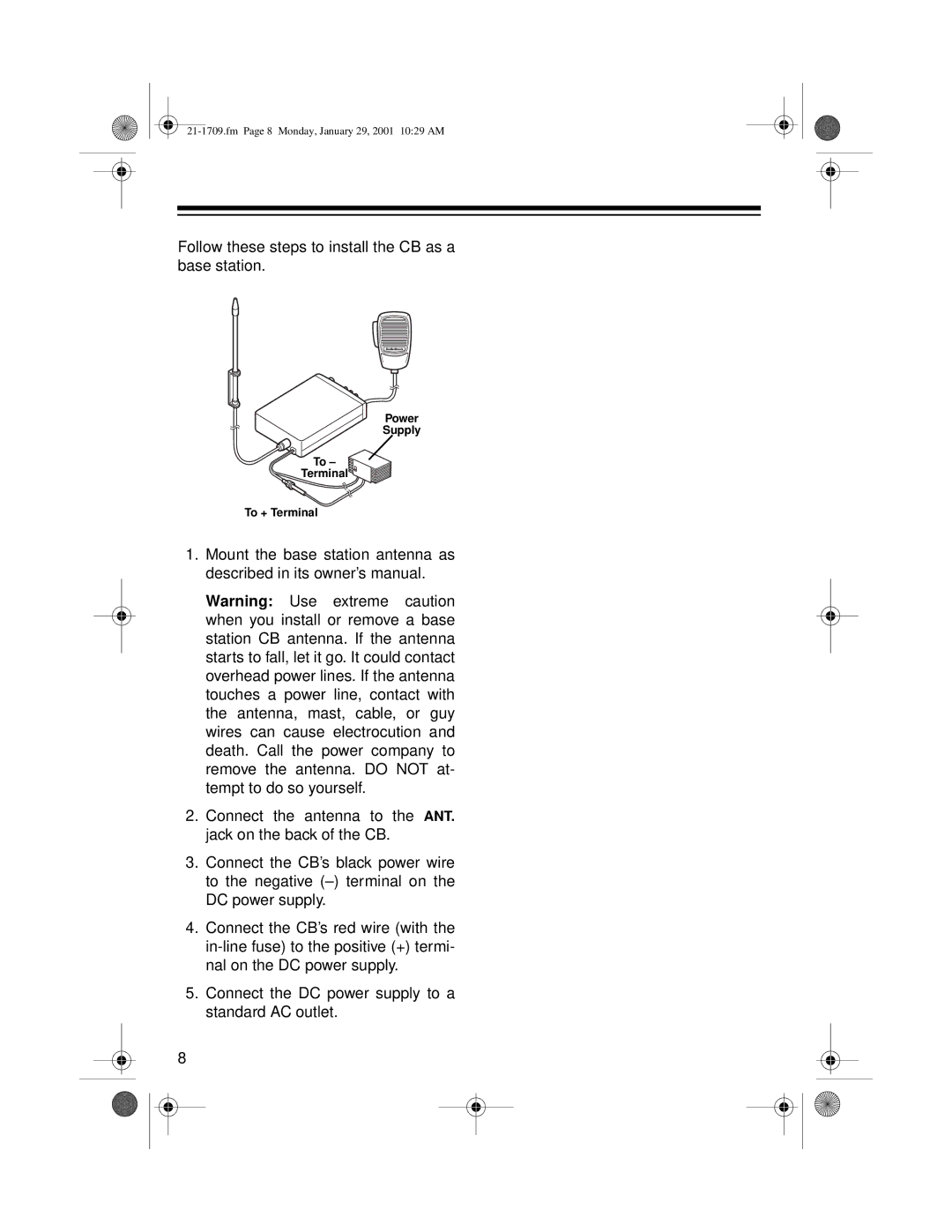 Radio Shack TRC-519 owner manual Follow these steps to install the CB as a base station 