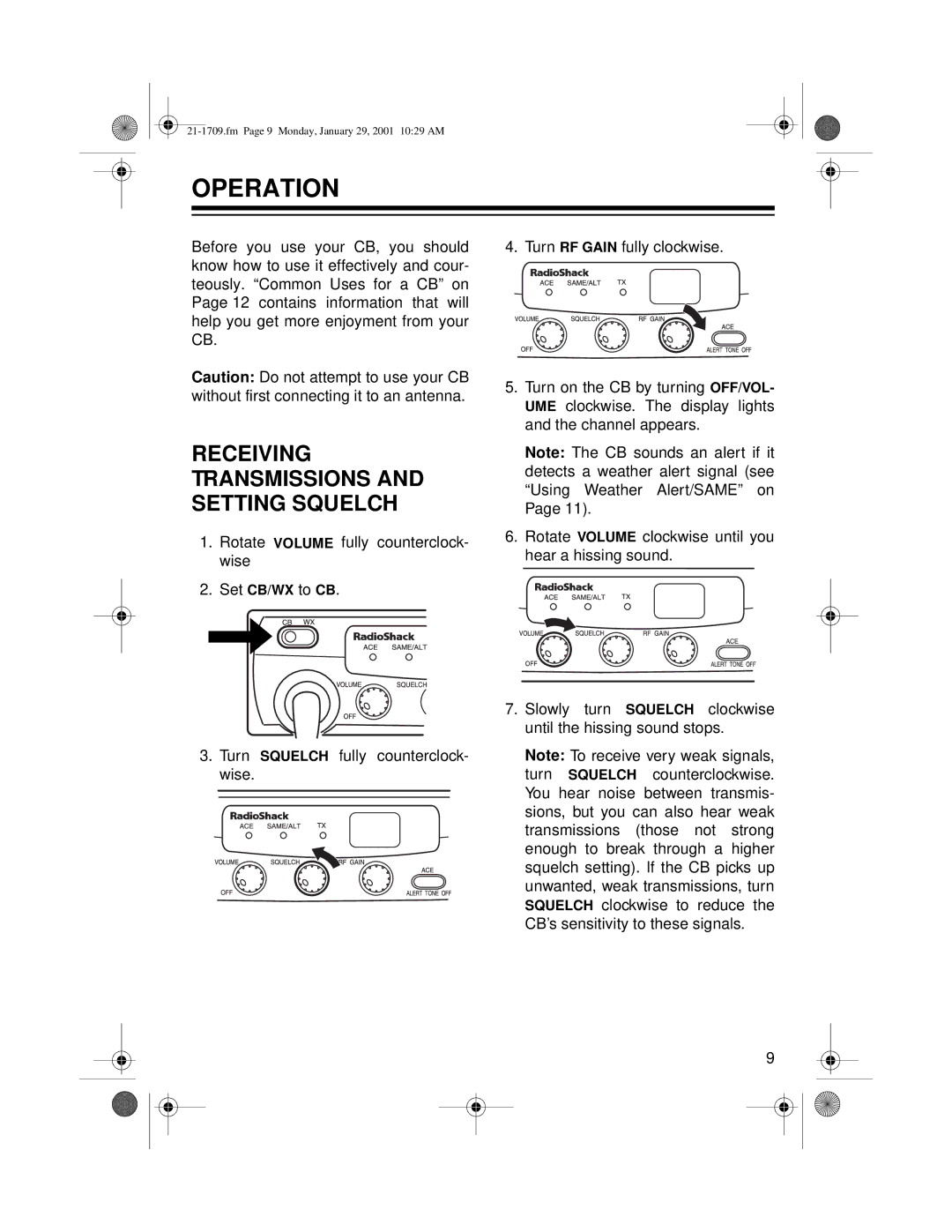 Radio Shack TRC-519 owner manual Operation, Receiving Transmissions and Setting Squelch 