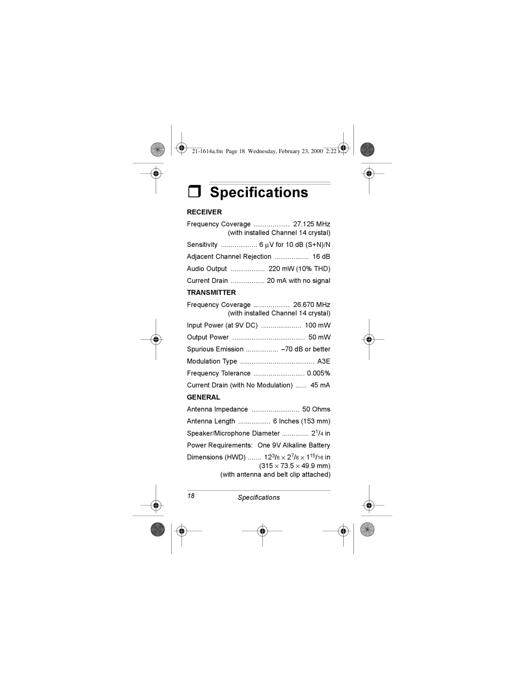 Radio Shack TRC-92 manual +ZLWK#DQWHQQD#DQG#EHOW#FOLS#DWWDFKHG 46SHFLILFDWLRQV 