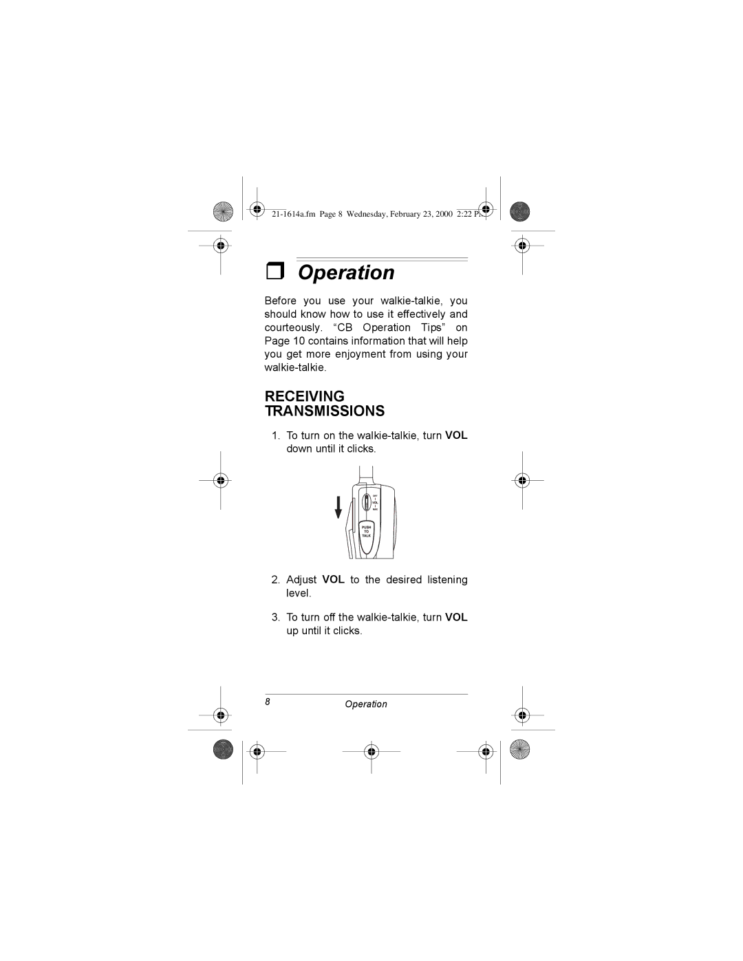 Radio Shack TRC-92 manual 2SHUDWLRQ, 1*# 75$160,66,216, ZDONLH0WDONLH1, 51 $GMXVW# 92/# WR# WKH# GHVLUHG# Olvwhqlqj OHYHO1 