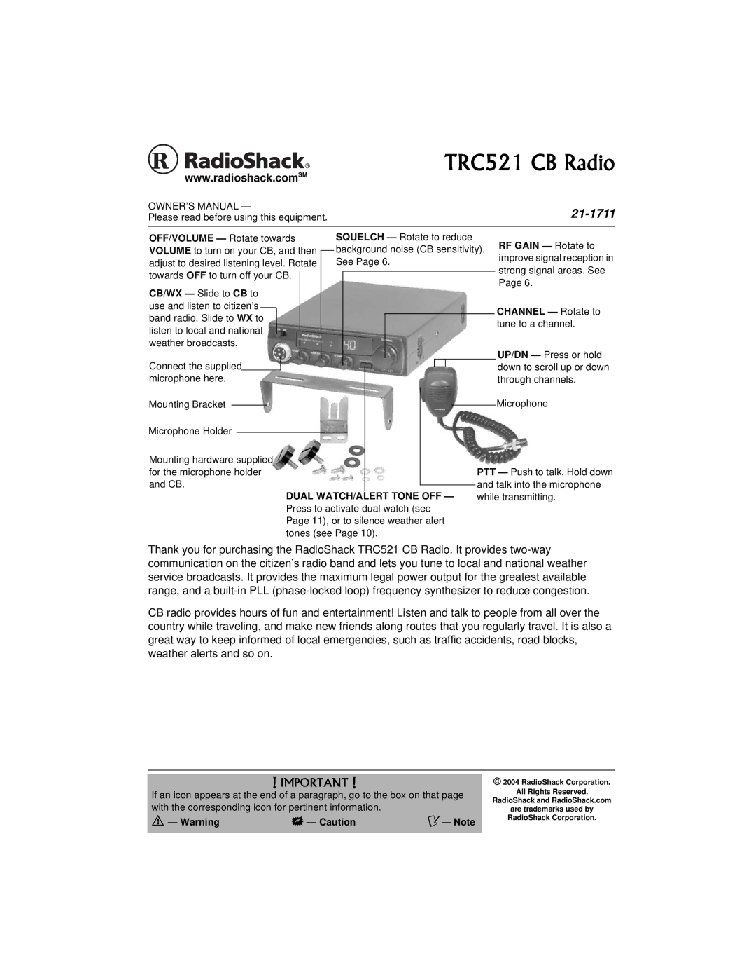 Radio Shack owner manual TRC521 CB Radio 