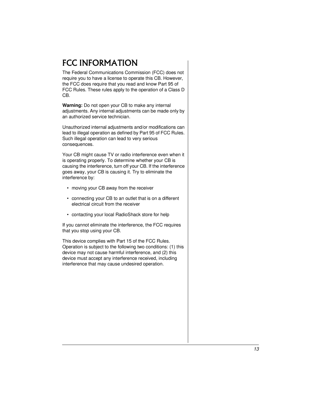 Radio Shack TRC521 CB owner manual FCC Information 