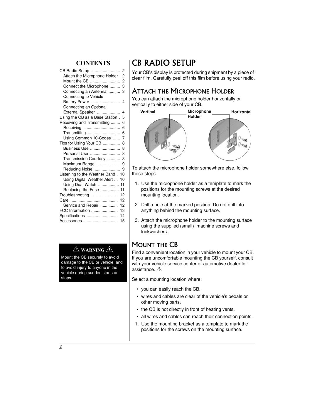 Radio Shack TRC521 CB owner manual CB Radio Setup, Contents 