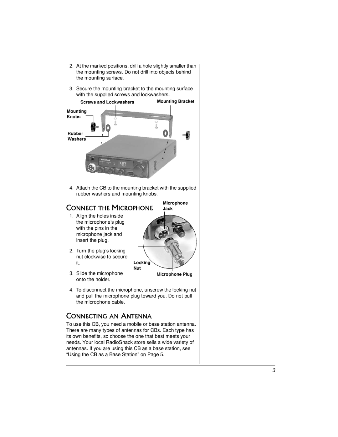 Radio Shack TRC521 CB owner manual Connect the Microphone Jack, Connecting AN Antenna 