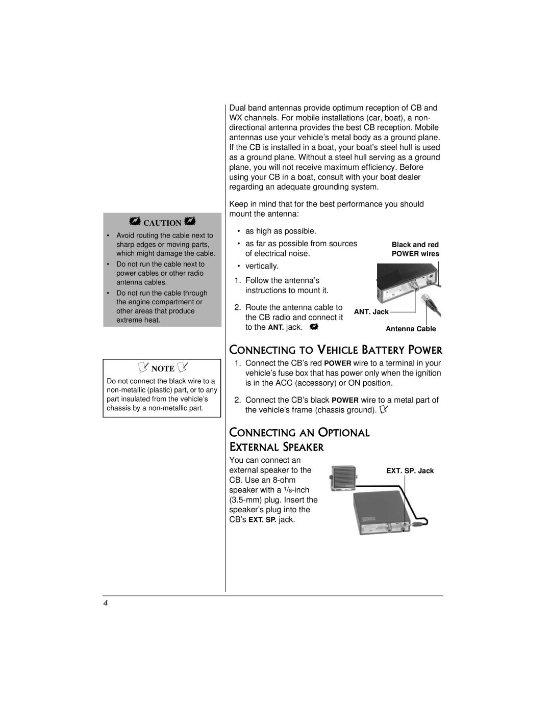 Radio Shack TRC521 CB owner manual Connecting to Vehicle Battery Power, Connecting AN Optional External Speaker 