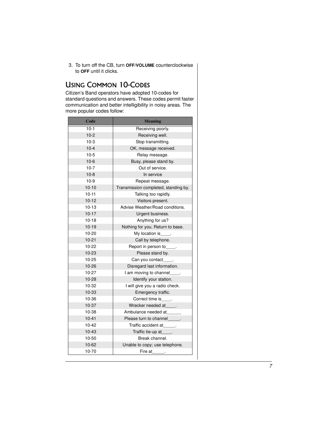 Radio Shack TRC521 CB owner manual Using Common 10-CODES, Code Meaning 