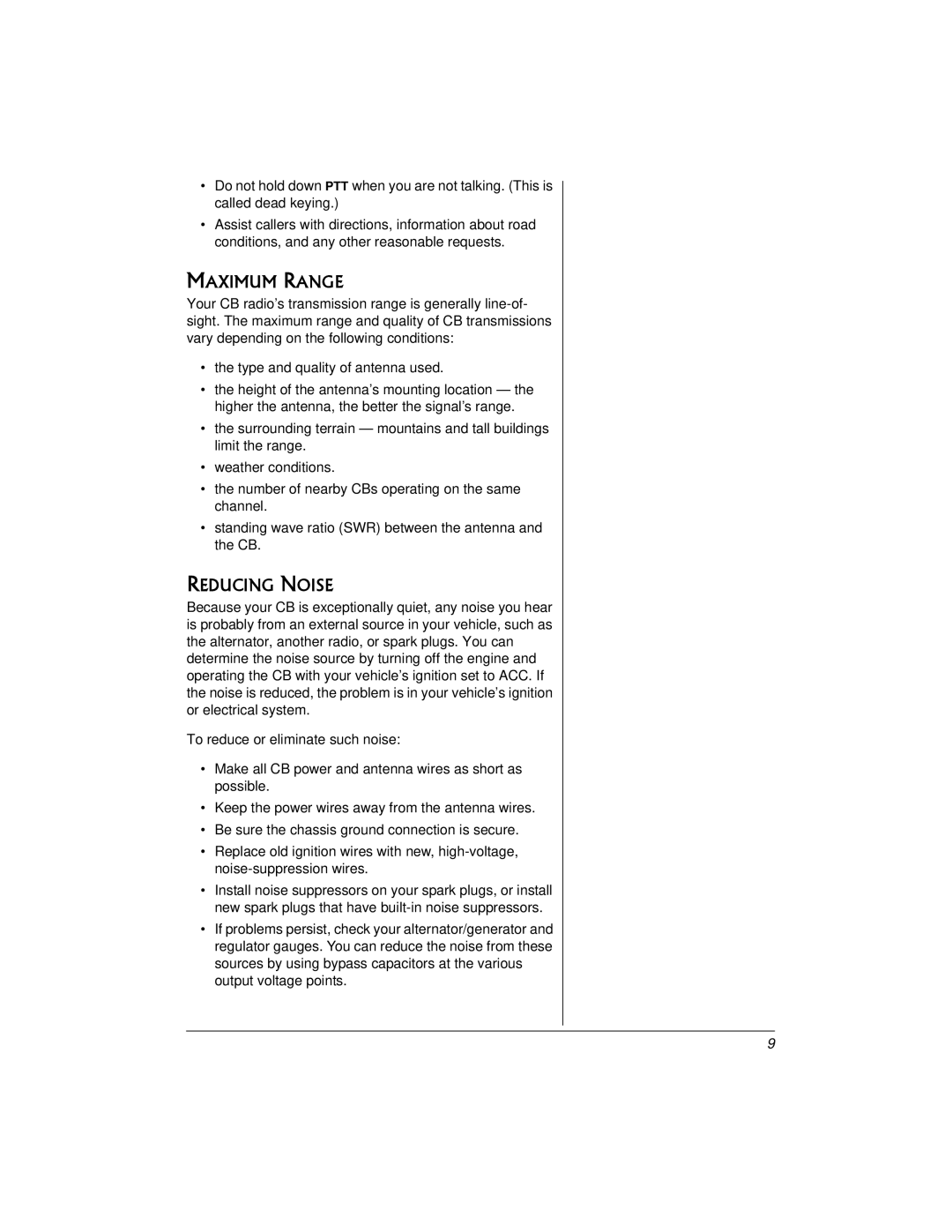 Radio Shack TRC521 CB owner manual Maximum Range, Reducing Noise 