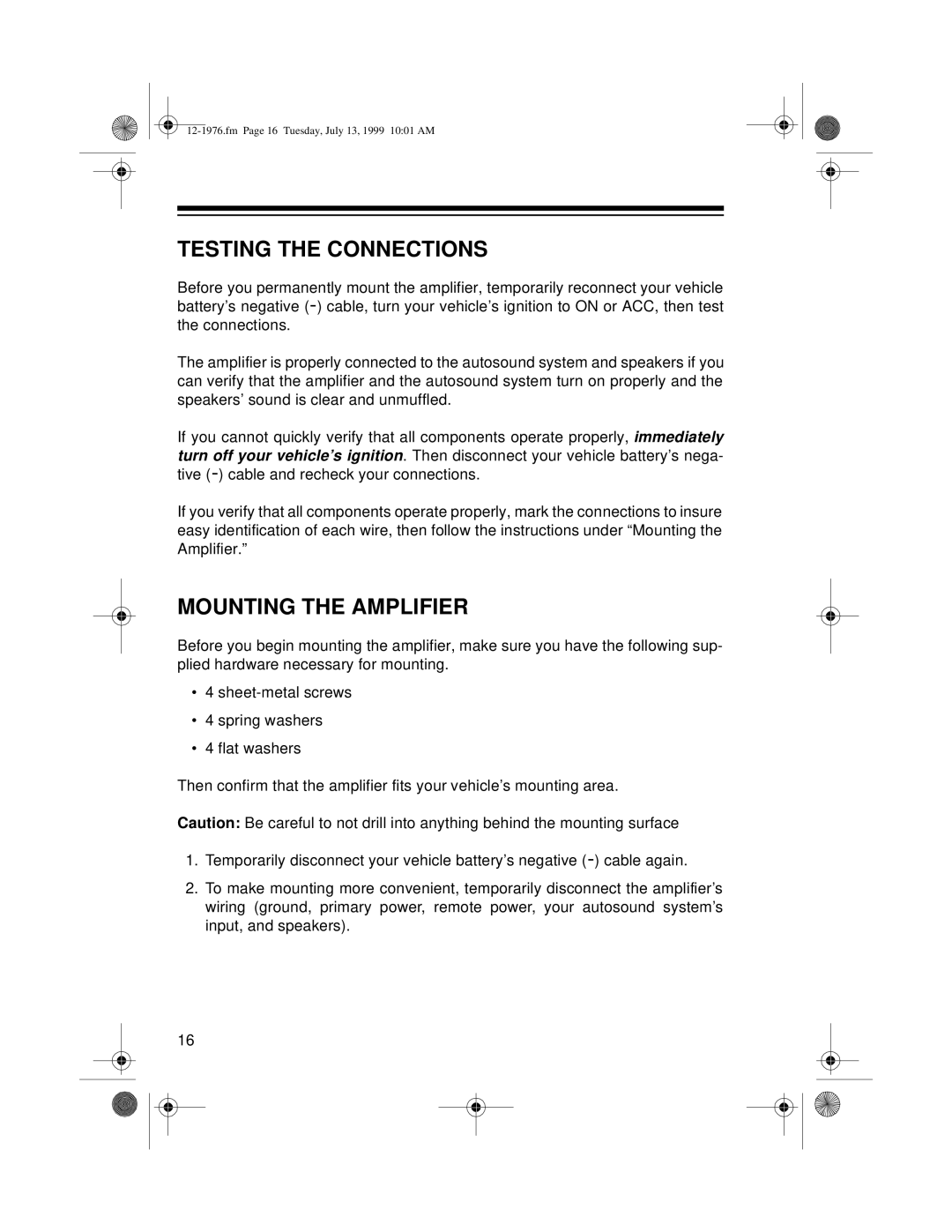 Radio Shack Trunk Mount owner manual Testing the Connections, Mounting the Amplifier 