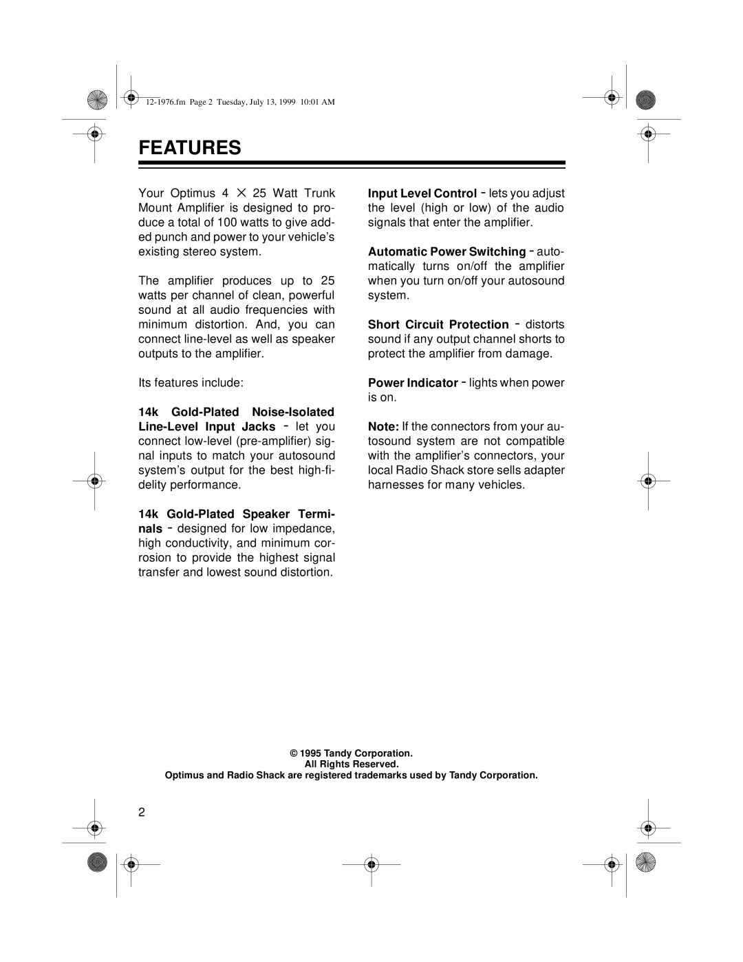 Radio Shack Trunk Mount owner manual Features 